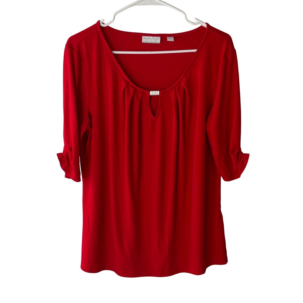 New York & Company Red Pleated Rhinestone Keyhole Career 3/4 Sleeve Blouse XL